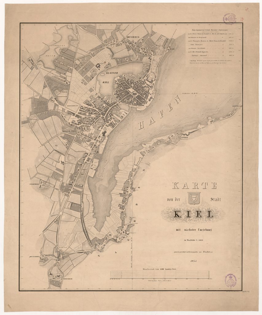 1853 Karte von der Stadt Kiel mit nächster Umgebung