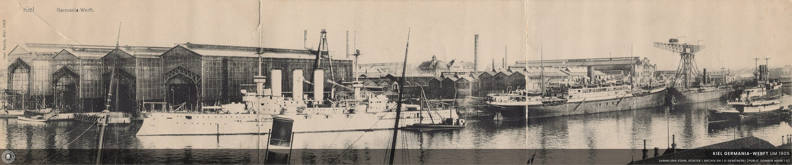Panorama der Germania Werft in Kiel um 1905